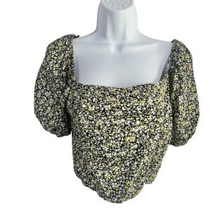 Sophie Rue Black Floral Puff Sleeve Blouse Square Neck Ruffle Top Size XL